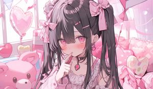 Preview wallpaper girl, bows, choker, pink, anime, art