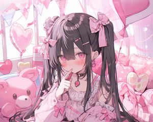 Preview wallpaper girl, bows, choker, pink, anime, art