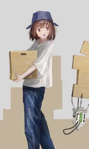 Preview wallpaper girl, boxes, robot, anime, art