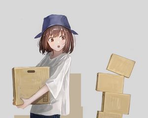 Preview wallpaper girl, boxes, robot, anime, art