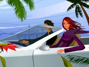 Preview wallpaper girl, boy, car, palms