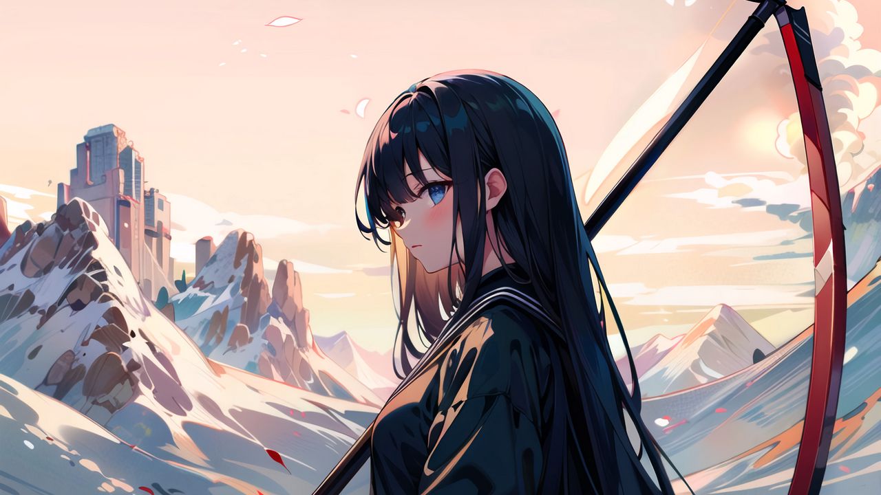 Wallpaper girl, braid, mountains, grass, anime