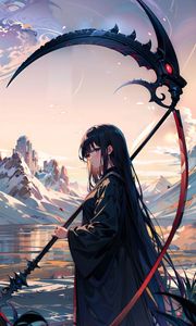 Preview wallpaper girl, braid, mountains, grass, anime