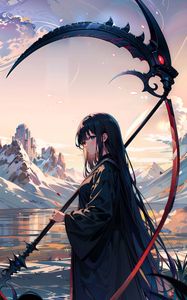 Preview wallpaper girl, braid, mountains, grass, anime