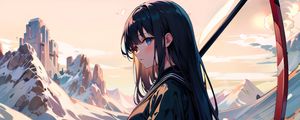 Preview wallpaper girl, braid, mountains, grass, anime