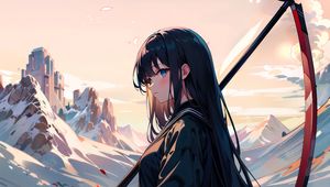 Preview wallpaper girl, braid, mountains, grass, anime