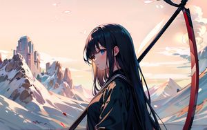 Preview wallpaper girl, braid, mountains, grass, anime
