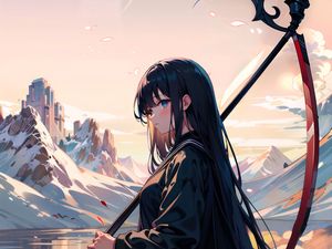 Preview wallpaper girl, braid, mountains, grass, anime