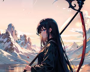 Preview wallpaper girl, braid, mountains, grass, anime