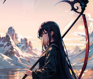 Preview wallpaper girl, braid, mountains, grass, anime