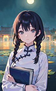 Preview wallpaper girl, braids, book, pond, anime