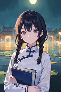 Preview wallpaper girl, braids, book, pond, anime