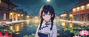 Preview wallpaper girl, braids, book, pond, anime