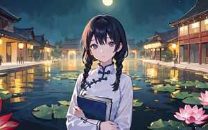 Preview wallpaper girl, braids, book, pond, anime