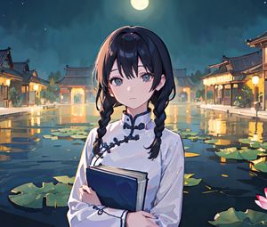 Preview wallpaper girl, braids, book, pond, anime
