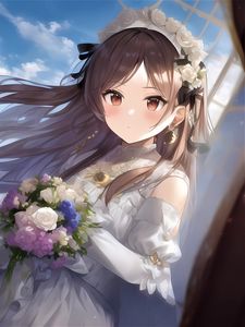 Preview wallpaper girl, bride, dress, flowers, bouquet, anime