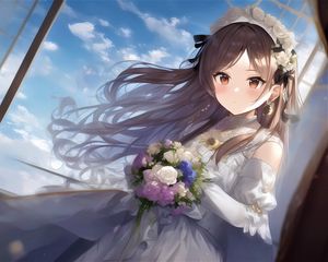 Preview wallpaper girl, bride, dress, flowers, bouquet, anime