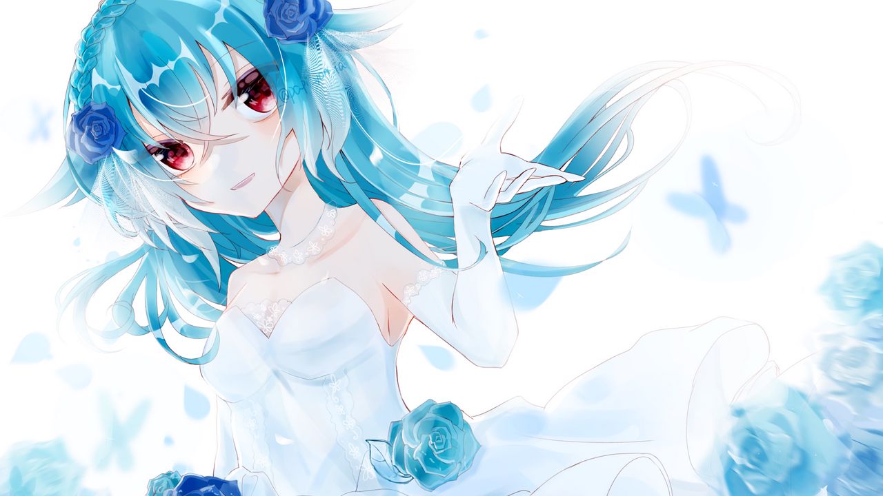 Wallpaper girl, bride, flowers, anime, art, blue
