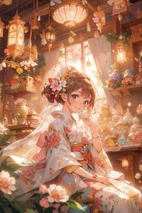 Preview wallpaper girl, bride, smile, kimono, flowers, anime, art