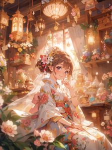 Preview wallpaper girl, bride, smile, kimono, flowers, anime, art
