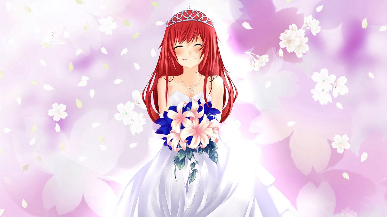 Wallpaper girl, bride, smile, bouquet, anime, art