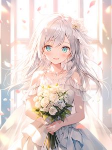 Preview wallpaper girl, bride, smile, bouquet, anime