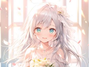 Preview wallpaper girl, bride, smile, bouquet, anime