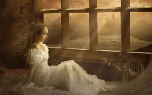 Preview wallpaper girl, bride, window, bird, cage, music, singing, dress