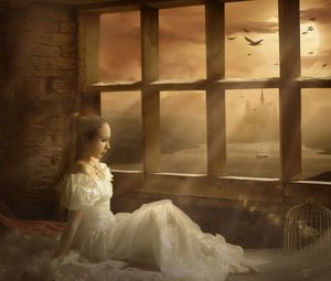 Preview wallpaper girl, bride, window, bird, cage, music, singing, dress