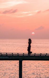 Preview wallpaper girl, bridge, water, dusk, sunset