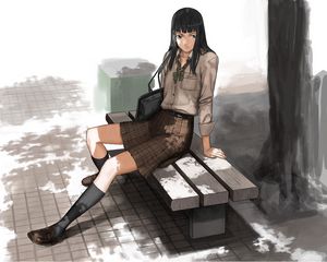 Preview wallpaper girl, brunette, bench, park, tree, street, bag