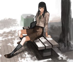 Preview wallpaper girl, brunette, bench, park, tree, street, bag