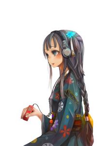 Preview wallpaper girl, brunette braid, headphones, player, music, kimono
