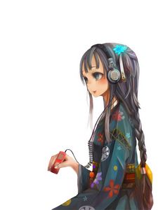 Preview wallpaper girl, brunette braid, headphones, player, music, kimono