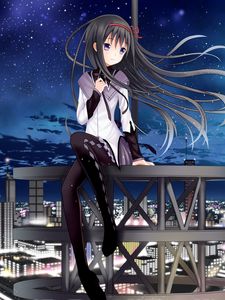 Preview wallpaper girl, brunette, city, tower, skyscraper, night