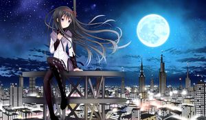 Preview wallpaper girl, brunette, city, tower, skyscraper, night