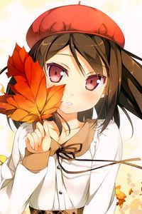 Preview wallpaper girl, brunette, foliage, takes, autumn