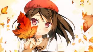 Preview wallpaper girl, brunette, foliage, takes, autumn