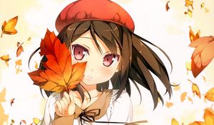 Preview wallpaper girl, brunette, foliage, takes, autumn