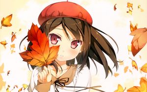 Preview wallpaper girl, brunette, foliage, takes, autumn