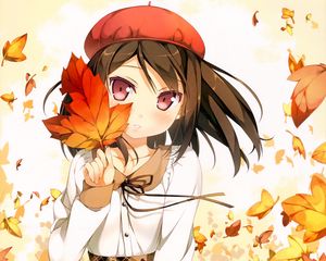 Preview wallpaper girl, brunette, foliage, takes, autumn