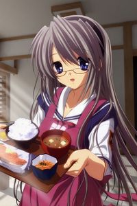 Preview wallpaper girl, brunette, glasses, food, room