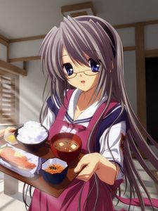 Preview wallpaper girl, brunette, glasses, food, room