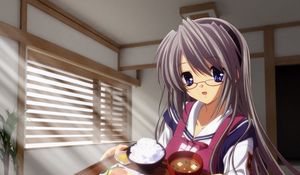 Preview wallpaper girl, brunette, glasses, food, room