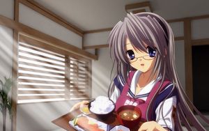 Preview wallpaper girl, brunette, glasses, food, room