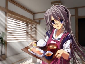 Preview wallpaper girl, brunette, glasses, food, room