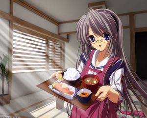 Preview wallpaper girl, brunette, glasses, food, room