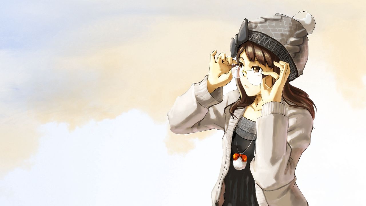 Wallpaper girl, brunette, glasses, hat, background