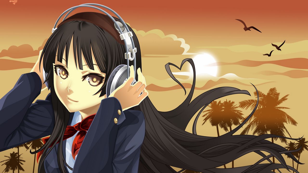 Wallpaper girl, brunette, headphones, music, sunset, birds