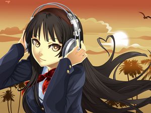 Preview wallpaper girl, brunette, headphones, music, sunset, birds